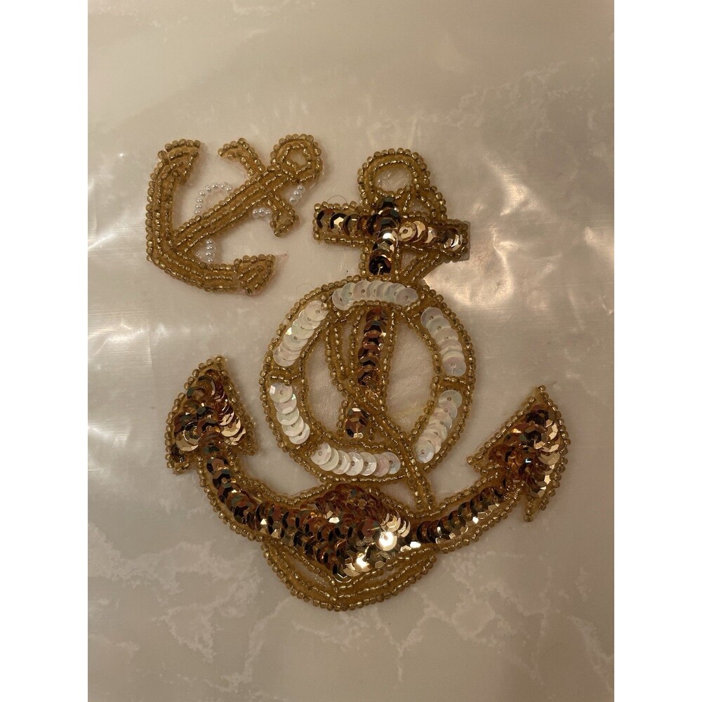 Set of Sequined and Beaded Gold Anchor Clothing Appliqué Patches